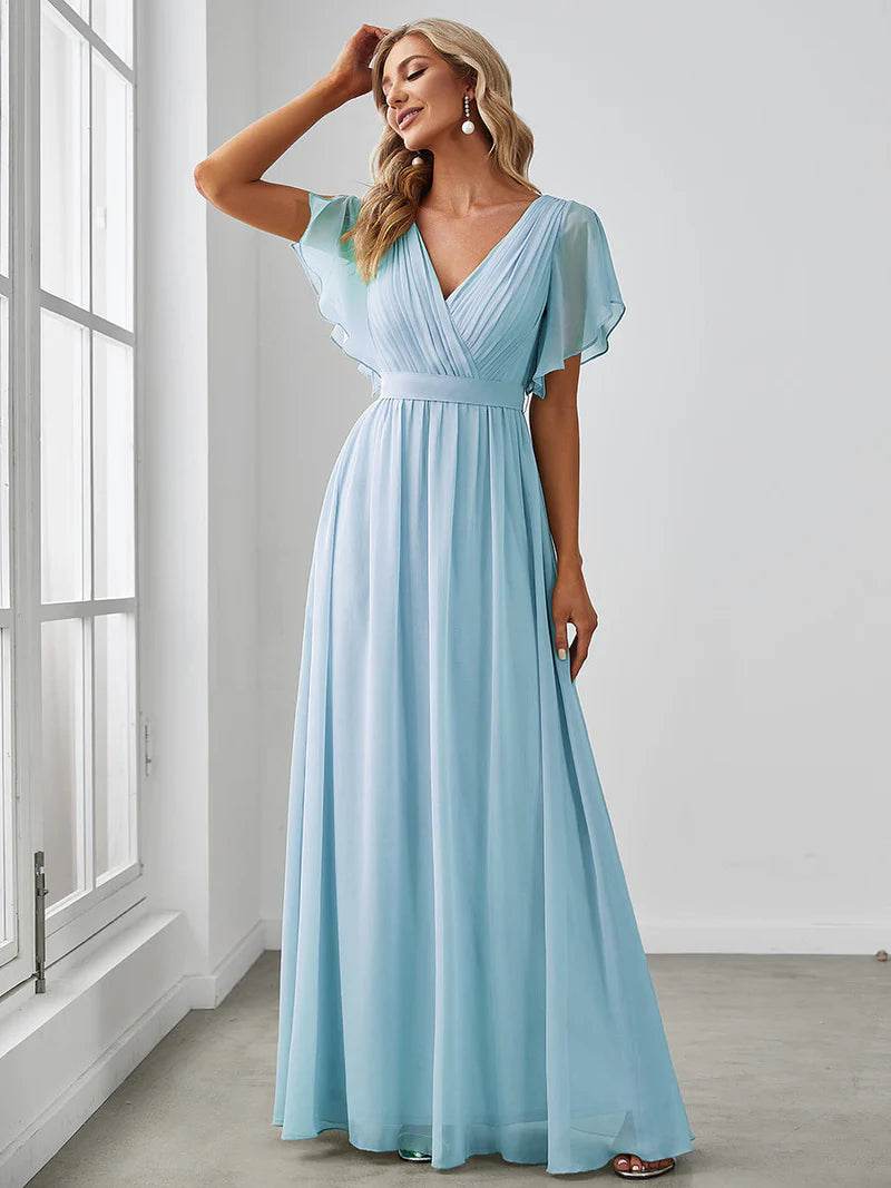 Elegant A-Line Bridesmaid Dress with Deep V-Neck and Ruffle Sleeves - Biamonde